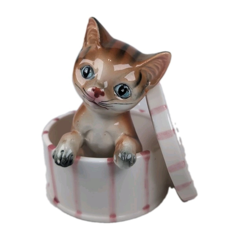 Vintage Ceramic Orange Kitty Cat in A Hat Box Figurine 5" X 5" Numbered "1326"